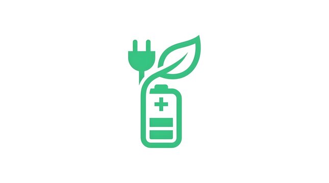 Sustainable green energy battery logo icon with power plug and leaf