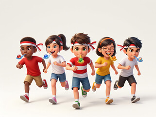Obraz premium 3D illustration of diverse happy children wearing red and white headbands participating in a traditional marble spoon race for Indonesian Independence Day celebration