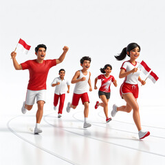Obraz premium Group of energetic Indonesian people running together holding national red and white flags on track celebrating independence day sports fun run