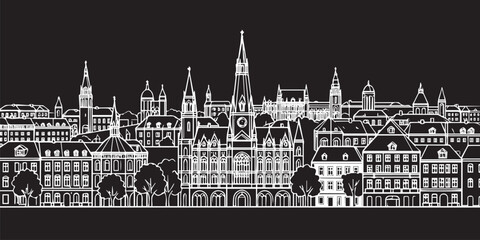 Fototapeta premium Cityscape Building Line art Vector Illustration design Budapest city on Black Background