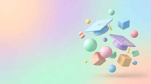 3 d render of floating graduation caps, pastel cubes, and spheres on a soft gradient background, education concept