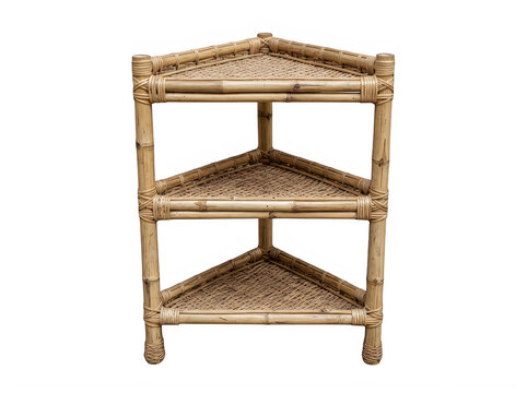 Small bamboo corner shelf with three wooden tiers isolated on transparent background