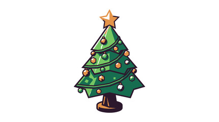 Obraz premium Cute decorated green Christmas tree illustration with a golden star on top isolated on white background