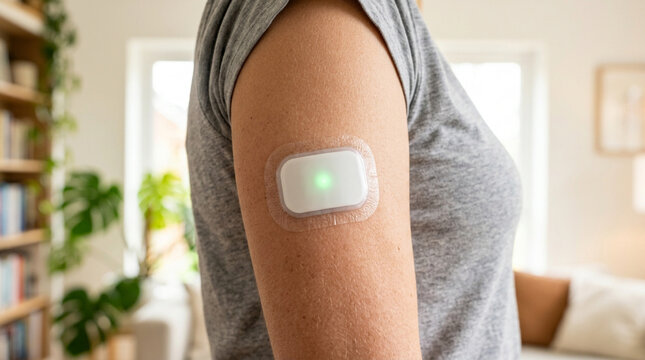 Person with continuous glucose monitor patch on arm, modern health tech