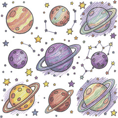 Create  Funky crayon drawn planets, asteroids, stars and constellations. Doodle outer space childish icons set. Crayon drawings of night sky or galaxy symbols. Childish cosmic illustration. Pencil tex © MDKHURSHED