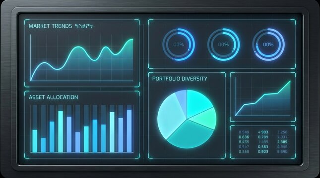 A digital dashboard screen displaying various financial data charts graphs and analytical metrics for business intelligence and corporate performance monitoring in blue