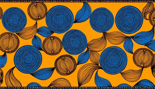 vibrant blue circle seamless pattern on yellow background colorful african wax print cloth with circular patterns