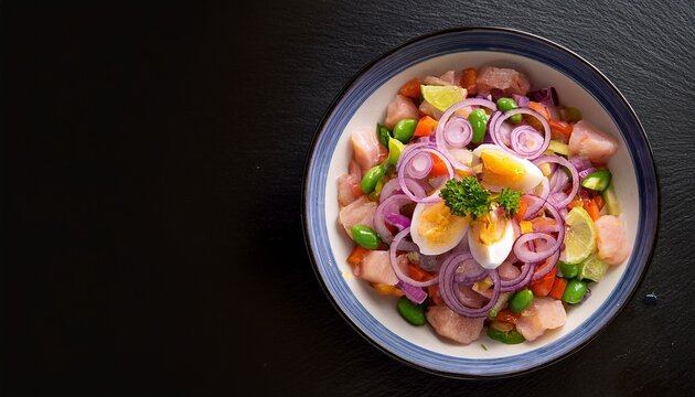 vibrant top view fish salad bowl on dark modern presentation of classic peruvian ceviche with sea