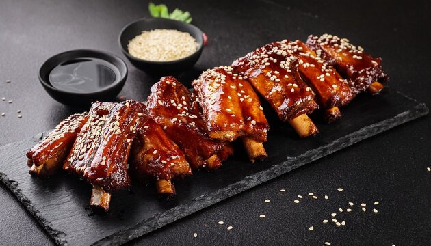 grilled pork ribs with glaze sesame seeds and chinese bbq on a black stone board
