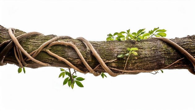branch tree trunk with jungle vines twisting around tree branch isolated on white background