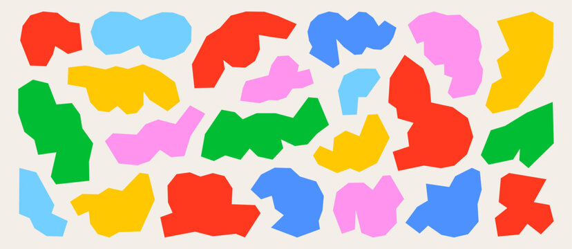 Colorful paper cut abstract shape collection with handmade collage pieces. Bright vector cutout elements for scrapbook, journaling, kids projects, education, posters, templates, creative design.