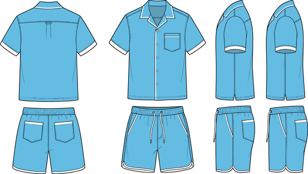 Men light blue short sleeve shirt and shorts set fashion tech pack flat sketch vector
