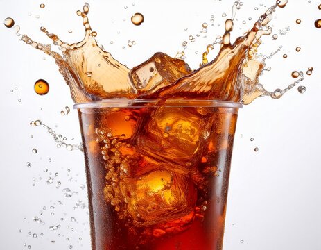 iced tea splash refreshing cola drink with ice background of soda bubbles on white