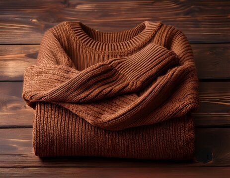 cozy brown sweater folding on wooden background for warmth and comfort