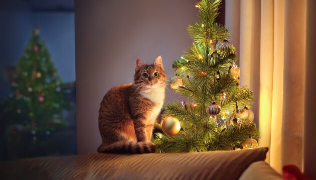 cat on the chrismass tree in the room lighting