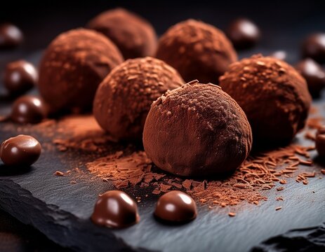 generative ai captures a close up of crispy chocolate truffles on a dark slate board