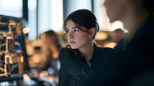 Focused on Innovation: A young woman, deeply engrossed in her work, analyzes complex data displayed on a computer screen, embodying dedication and forward-thinking in a modern technological setting.