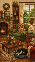 Naklejka premium Cozy living room with fireplace, cat, and floral decor. Mobile wallpaper.