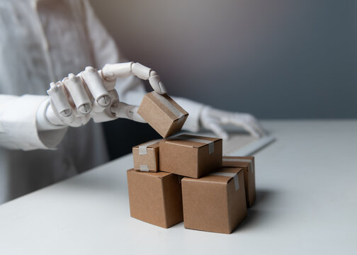 Close-up Robot Hand Stacking Small Box Parcels for AI Logistics Concept
