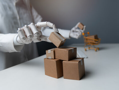Close-up Robot Hand Stacking Small Box Parcels for AI Logistics Concept