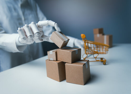 Close-up Robot Hand Stacking Small Box Parcels for AI Logistics Concept