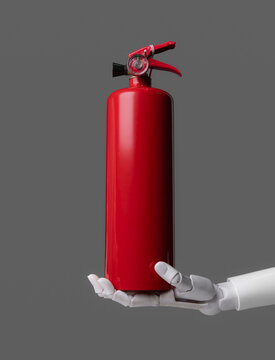 Close-up Robot Hand Holding Red Fire Extinguisher for AI Safety Concept