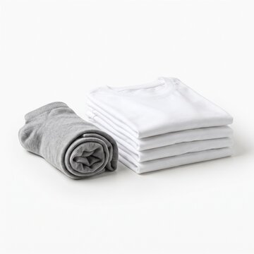 Minimalist stack of folded white cotton t-shirts, rolled grey fabric garment on white background, clean laundry and textile organization