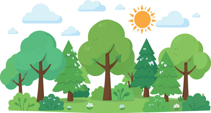 cute summer trees, vector isolated illustration of trees, leaves, fir trees, shrubs, sun, snow and clouds, elements of nature to create a landscape on white Background