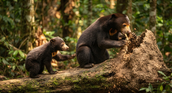 A mother sun bear foraging for food with her cub on a fallen tree log