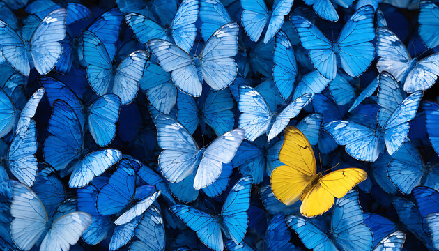 Group of blue butterflies with one yellow butterfly. Unique individual standing out concept.