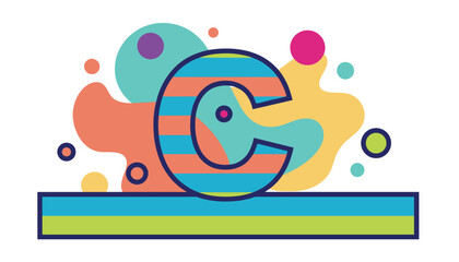 Fototapeta premium Stylized alphabet letter C with blue and orange stripes set against colorful abstract liquid shapes and bubbles.