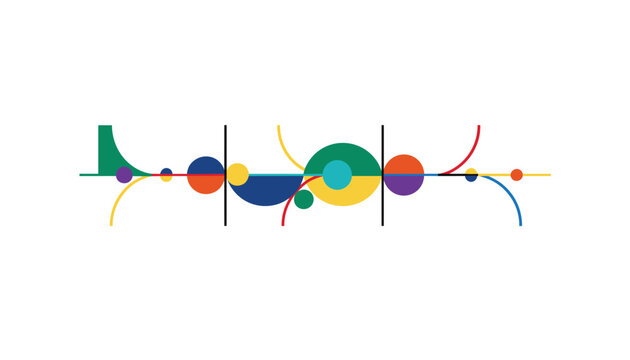 Abstract geometric composition with colorful circles, semi-circles, and curved lines arranged in a horizontal line.