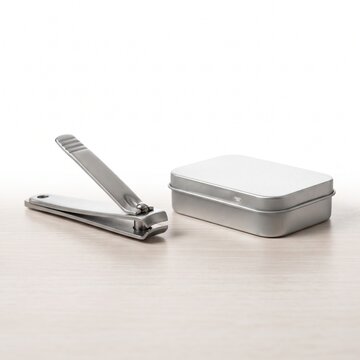 Stainless steel nail clippers with metal storage case, professional manicure tools on wooden surface, silver grooming kit for personal hygiene