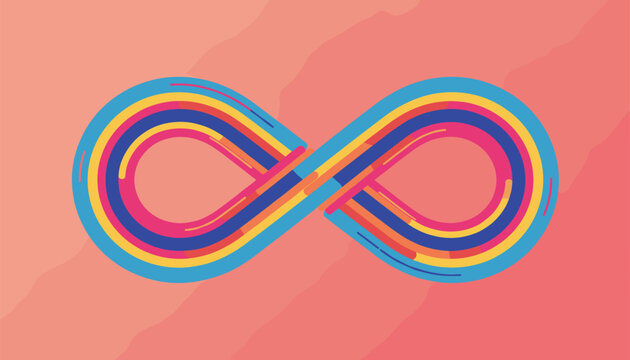 Vibrant retro infinity symbol drawn with colorful parallel lines including yellow, blue, and pink on a soft pink background.