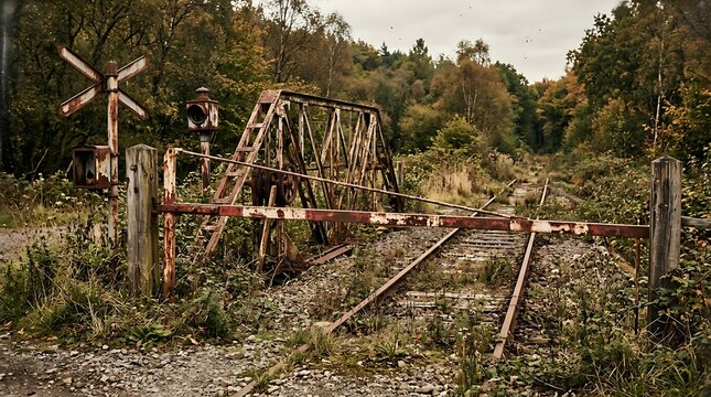 Abandoned rusted train tracks in forest clearing.