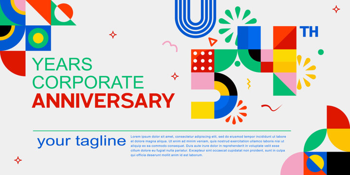 54th Colorful geometric corporate anniversary banner template with bold typography and abstract shapes design. Ditable color and file.