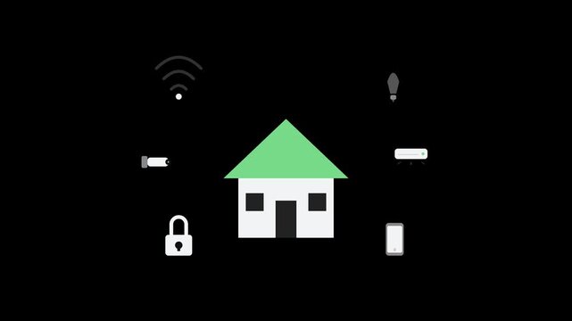Smart Home Automation Concept with IoT Icons Including Security Camera Wifi Lock and Smartphone on Black Background