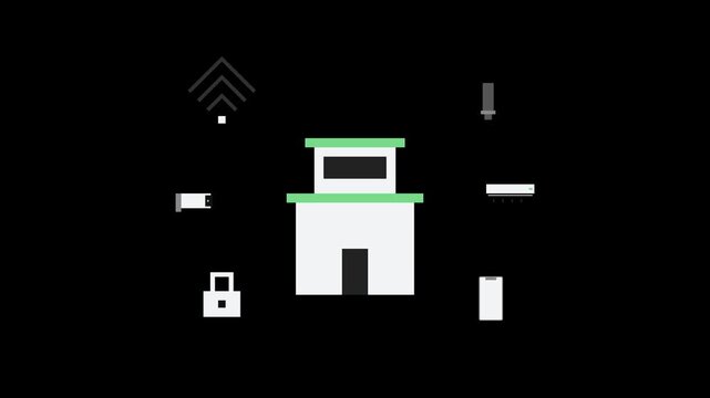 motion animation of smart home automation icons with house, wifi, camera, lock, and smartphone on black background
