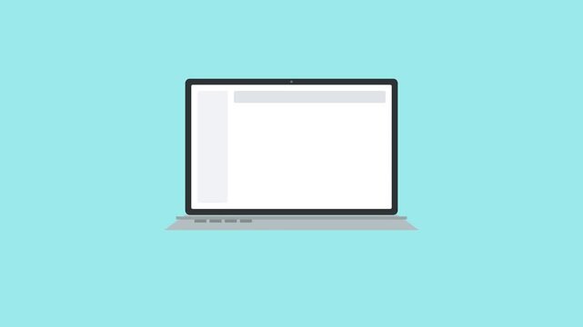 Minimalist flat design laptop computer with blank white screen mockup on cyan background