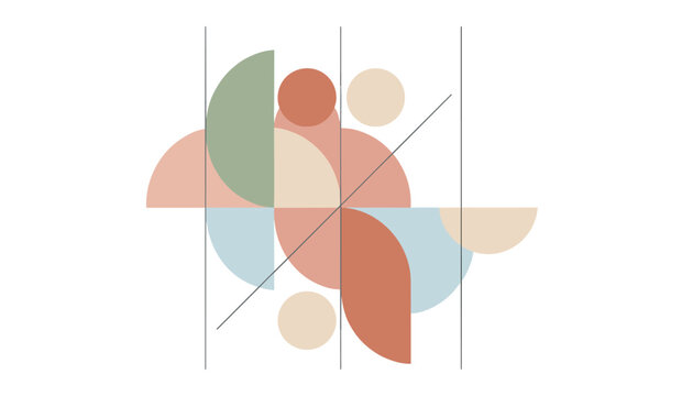 Minimalist abstract geometric art featuring muted pastel circles and semicircles arranged with black lines on white background.