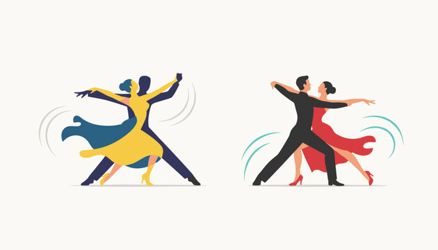 Elegant flat design illustration of two couples performing ballroom dances in yellow and red dresses on light background.