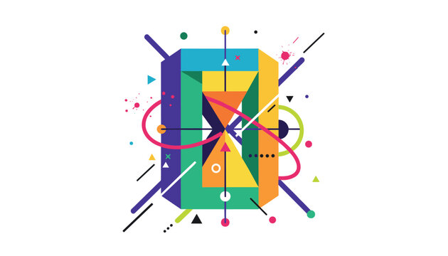 Bold futuristic digital art composition featuring geometric number zero or letter O with colorful lines and paint splats.