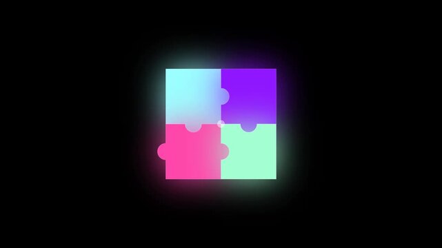 Colorful Puzzle Pieces Animation with Glowing Neon Effect on Dark Background, Flat Design Symbolizing Connection, Problem Solving, Teamwork and Creativity