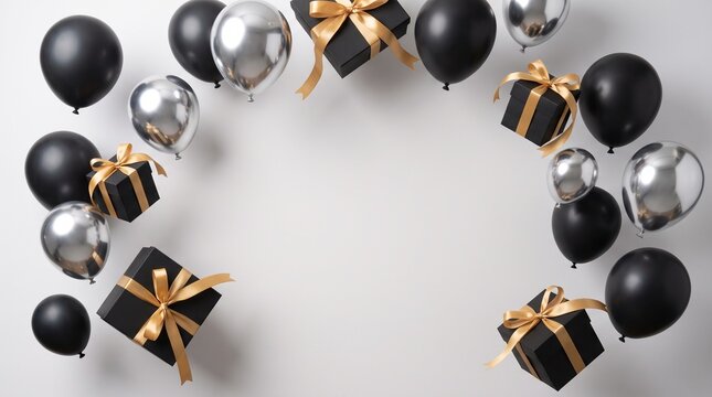 Black and silver balloons with wrapped gifts forming frame on light background, generative AI