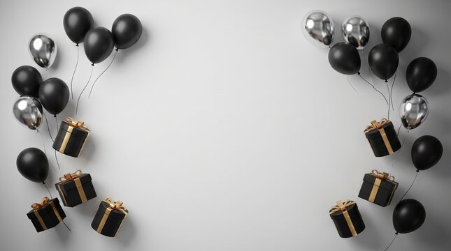 Top view of floating black and silver balloons with gold gift boxes on bright background, generative AI