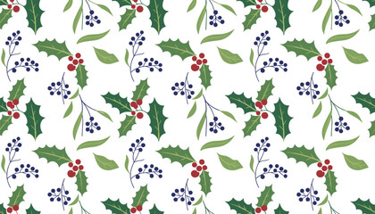 Obraz premium Festive seamless pattern featuring classic green holly leaves red berries and dark blue berries on white background.