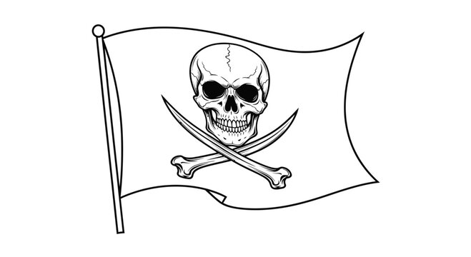 Jolly Roger Pirate Flag with Skull and Crossed Swords Line Art