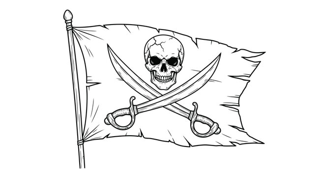 Jolly Roger Pirate Flag Sketch with Skull and Crossed Swords