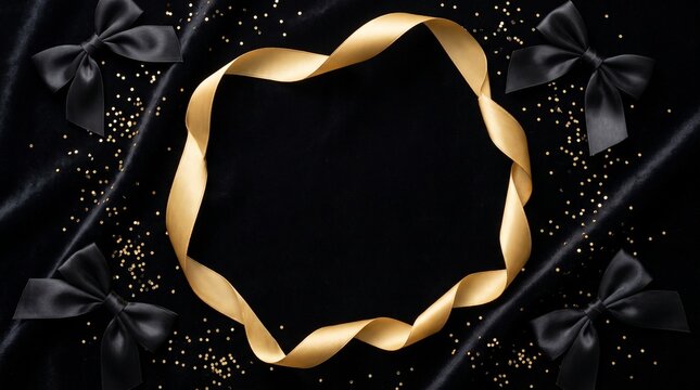 Black velvet flatlay with gold ribbon frame and bows leaving central copy space, generative AI