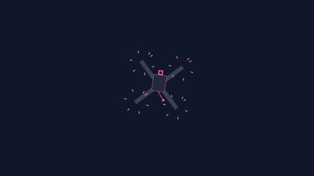 Minimalist Flat Vector Illustration of a Flying Quadcopter Drone with Signal Lines Isolated on Dark Background